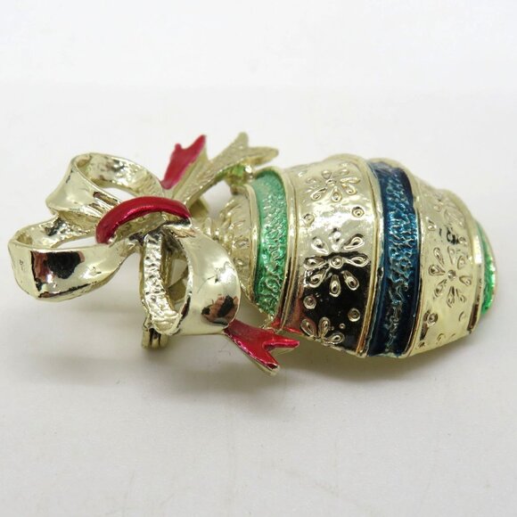 Vintage Gerrys Brooch Gold Tone Enamel Christmas Ornament 2" Pin Red Bow Accent - Picture 5 of 8